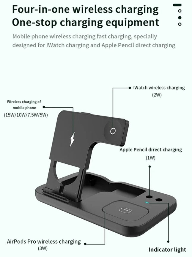 15W Fast Charge 4 In 1 QI Wireless Charger Dock Station - Black_4